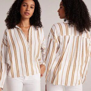 BELLA DAHL Shirred Pullover 1/2 Button Down Linen Blouse Redwood Stripe Women L